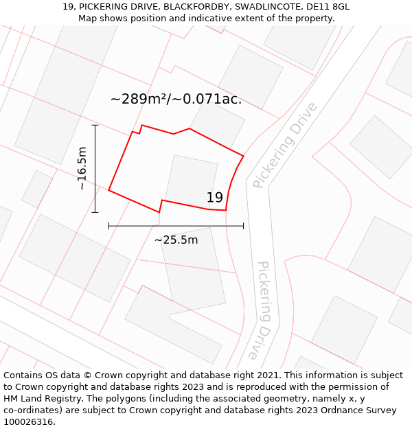 19, PICKERING DRIVE, BLACKFORDBY, SWADLINCOTE, DE11 8GL: Plot and title map