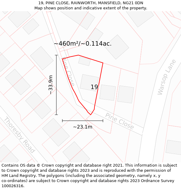 19, PINE CLOSE, RAINWORTH, MANSFIELD, NG21 0DN: Plot and title map