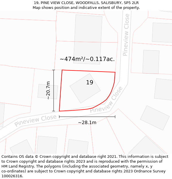 19, PINE VIEW CLOSE, WOODFALLS, SALISBURY, SP5 2LR: Plot and title map