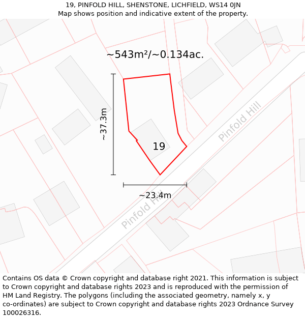 19, PINFOLD HILL, SHENSTONE, LICHFIELD, WS14 0JN: Plot and title map