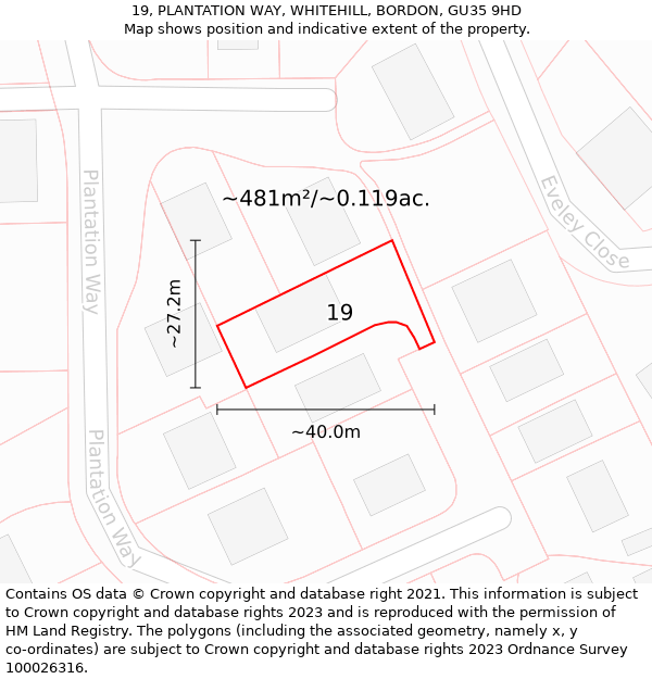 19, PLANTATION WAY, WHITEHILL, BORDON, GU35 9HD: Plot and title map