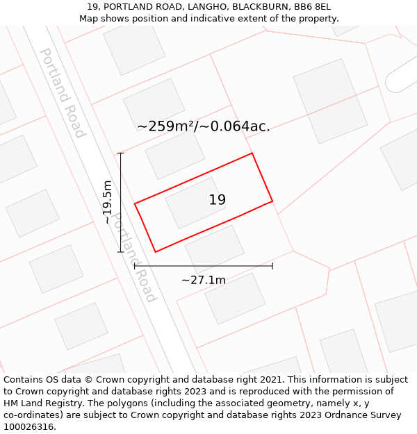 19, PORTLAND ROAD, LANGHO, BLACKBURN, BB6 8EL: Plot and title map