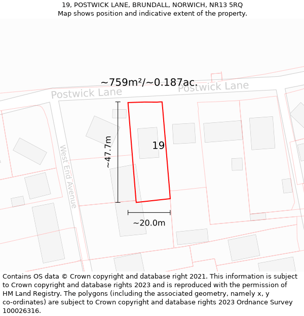 19, POSTWICK LANE, BRUNDALL, NORWICH, NR13 5RQ: Plot and title map