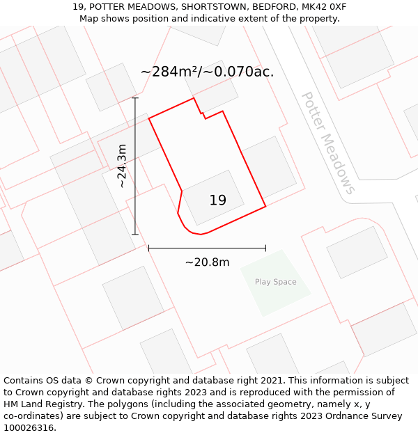 19, POTTER MEADOWS, SHORTSTOWN, BEDFORD, MK42 0XF: Plot and title map