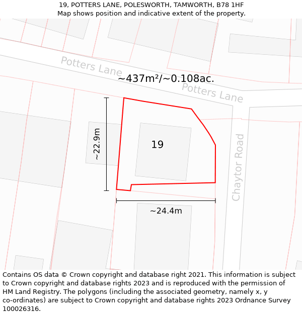 19, POTTERS LANE, POLESWORTH, TAMWORTH, B78 1HF: Plot and title map