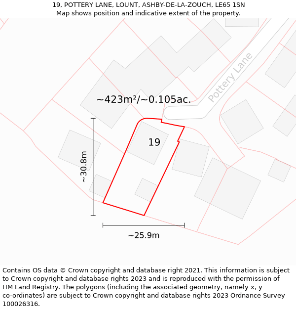 19, POTTERY LANE, LOUNT, ASHBY-DE-LA-ZOUCH, LE65 1SN: Plot and title map