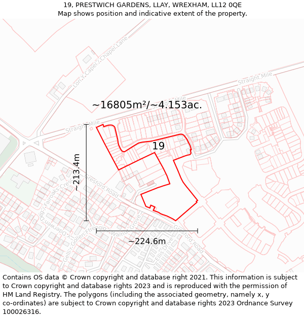 19, PRESTWICH GARDENS, LLAY, WREXHAM, LL12 0QE: Plot and title map