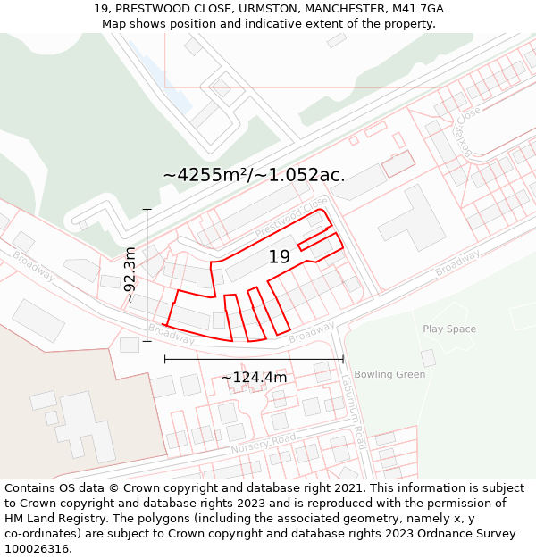 19, PRESTWOOD CLOSE, URMSTON, MANCHESTER, M41 7GA: Plot and title map