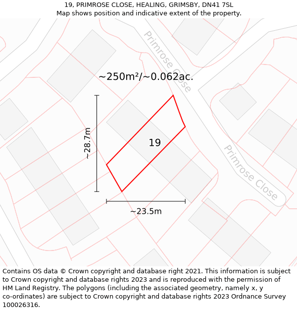 19, PRIMROSE CLOSE, HEALING, GRIMSBY, DN41 7SL: Plot and title map