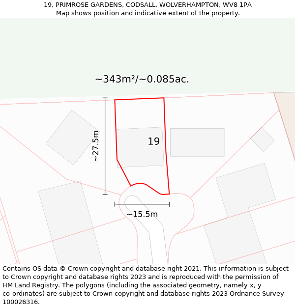 19, PRIMROSE GARDENS, CODSALL, WOLVERHAMPTON, WV8 1PA: Plot and title map