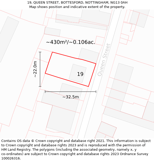 19, QUEEN STREET, BOTTESFORD, NOTTINGHAM, NG13 0AH: Plot and title map