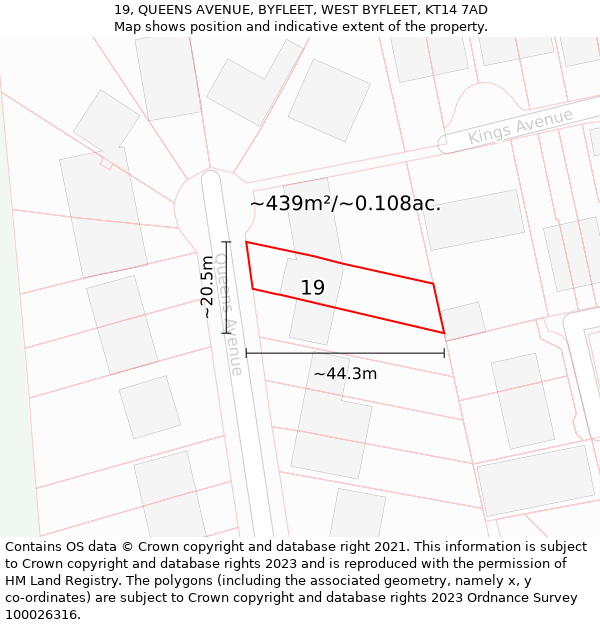 19, QUEENS AVENUE, BYFLEET, WEST BYFLEET, KT14 7AD: Plot and title map