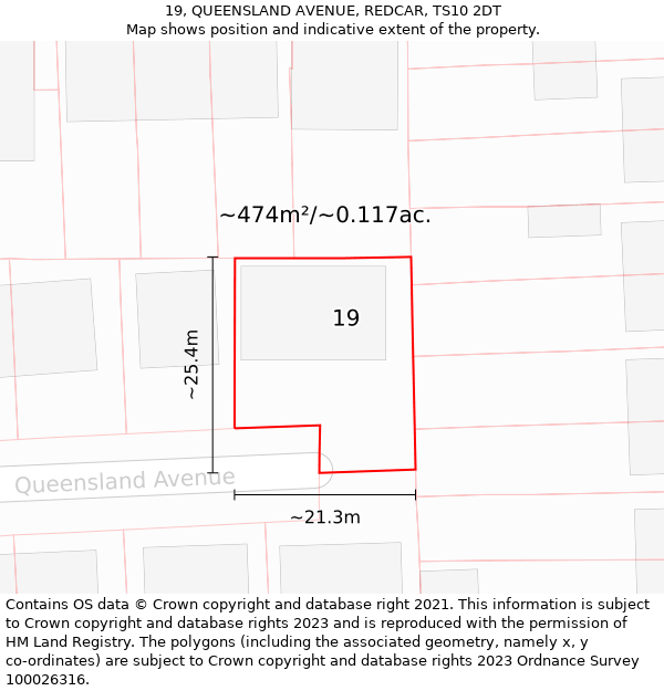 19, QUEENSLAND AVENUE, REDCAR, TS10 2DT: Plot and title map