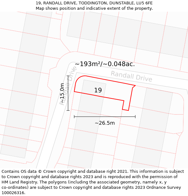 19, RANDALL DRIVE, TODDINGTON, DUNSTABLE, LU5 6FE: Plot and title map