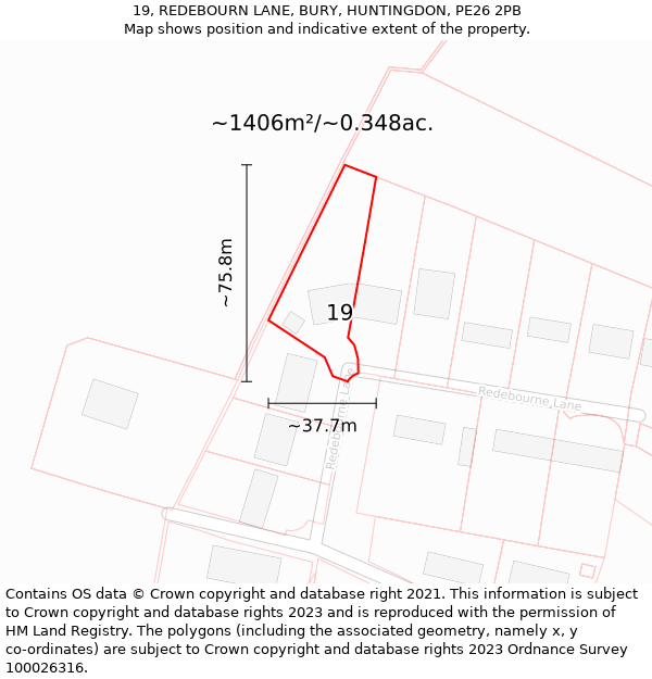 19, REDEBOURN LANE, BURY, HUNTINGDON, PE26 2PB: Plot and title map