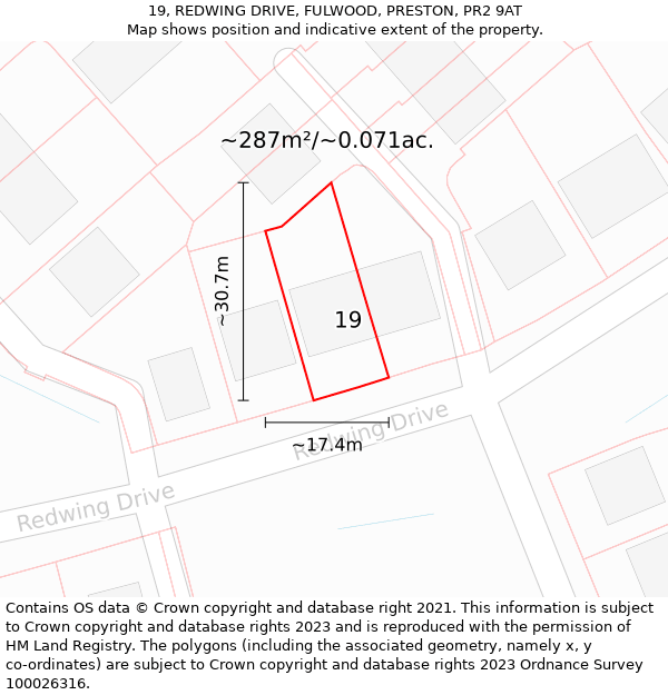 19, REDWING DRIVE, FULWOOD, PRESTON, PR2 9AT: Plot and title map