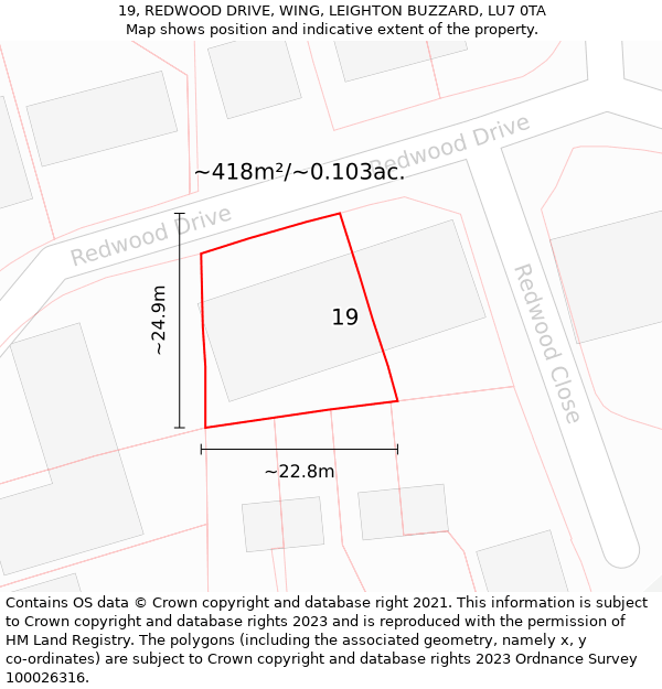 19, REDWOOD DRIVE, WING, LEIGHTON BUZZARD, LU7 0TA: Plot and title map