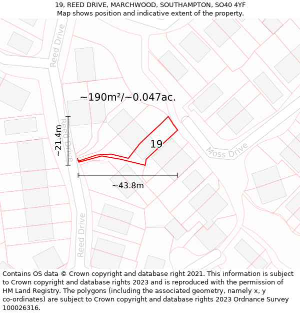 19, REED DRIVE, MARCHWOOD, SOUTHAMPTON, SO40 4YF: Plot and title map