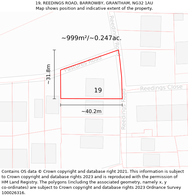 19, REEDINGS ROAD, BARROWBY, GRANTHAM, NG32 1AU: Plot and title map