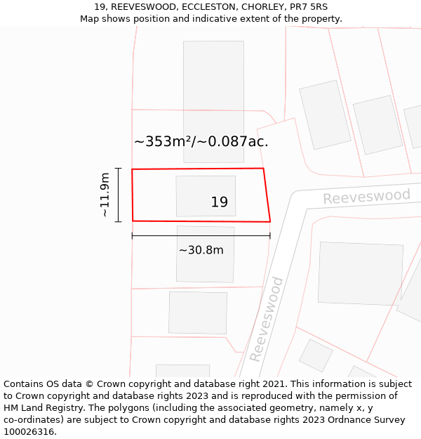 19, REEVESWOOD, ECCLESTON, CHORLEY, PR7 5RS: Plot and title map