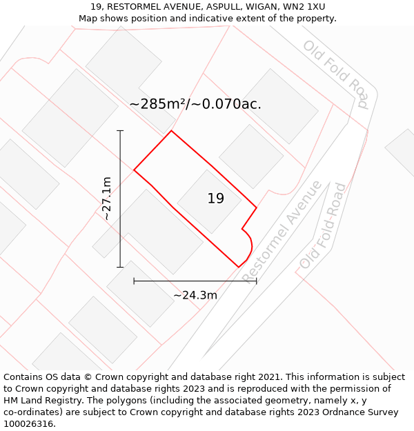 19, RESTORMEL AVENUE, ASPULL, WIGAN, WN2 1XU: Plot and title map