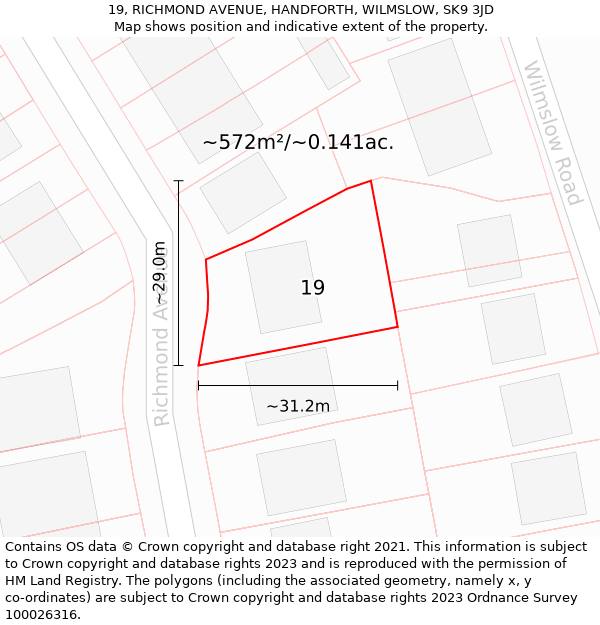 19, RICHMOND AVENUE, HANDFORTH, WILMSLOW, SK9 3JD: Plot and title map