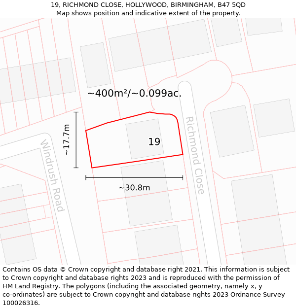 19, RICHMOND CLOSE, HOLLYWOOD, BIRMINGHAM, B47 5QD: Plot and title map