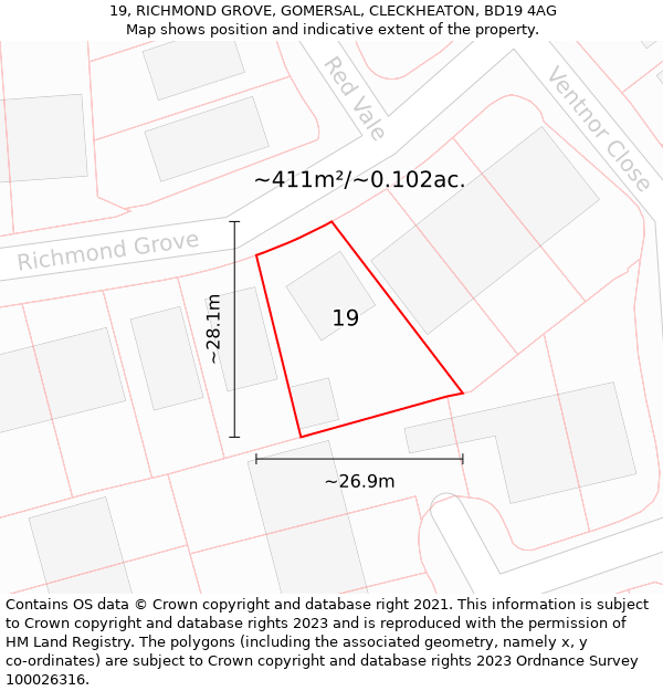 19, RICHMOND GROVE, GOMERSAL, CLECKHEATON, BD19 4AG: Plot and title map