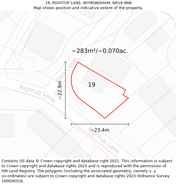 19, RIGHTUP LANE, WYMONDHAM, NR18 9NB: Plot and title map