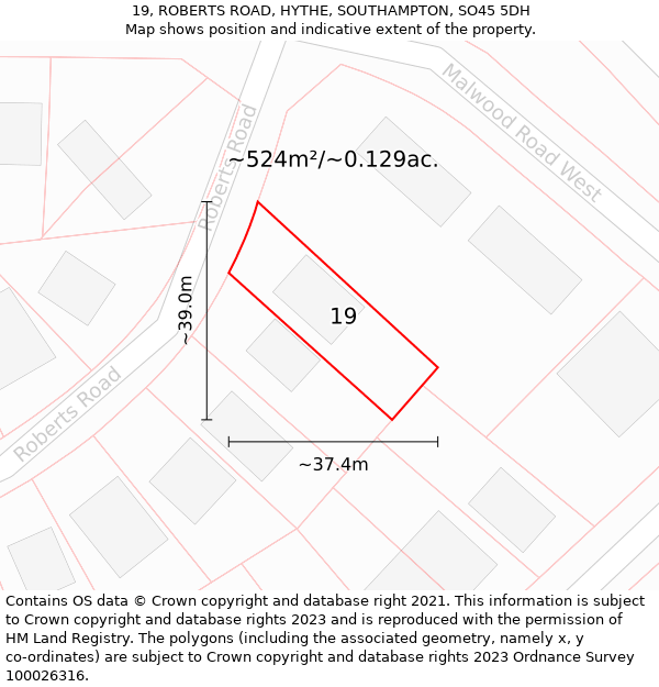 19, ROBERTS ROAD, HYTHE, SOUTHAMPTON, SO45 5DH: Plot and title map