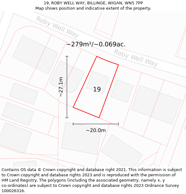 19, ROBY WELL WAY, BILLINGE, WIGAN, WN5 7PP: Plot and title map