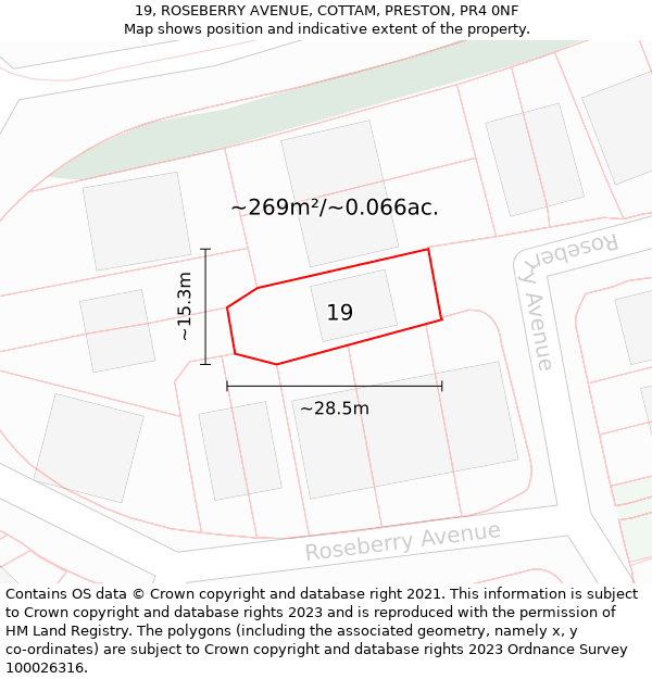 19, ROSEBERRY AVENUE, COTTAM, PRESTON, PR4 0NF: Plot and title map