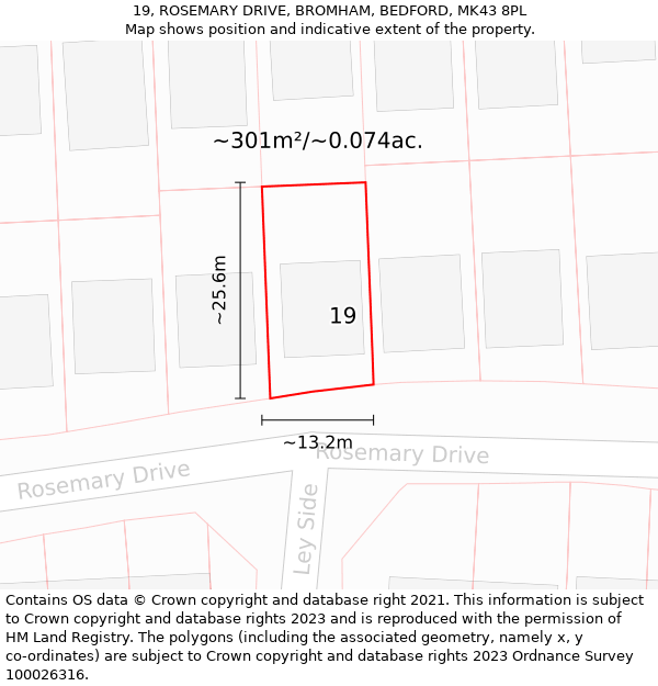 19, ROSEMARY DRIVE, BROMHAM, BEDFORD, MK43 8PL: Plot and title map