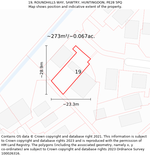 19, ROUNDHILLS WAY, SAWTRY, HUNTINGDON, PE28 5PQ: Plot and title map