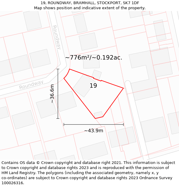 19, ROUNDWAY, BRAMHALL, STOCKPORT, SK7 1DF: Plot and title map