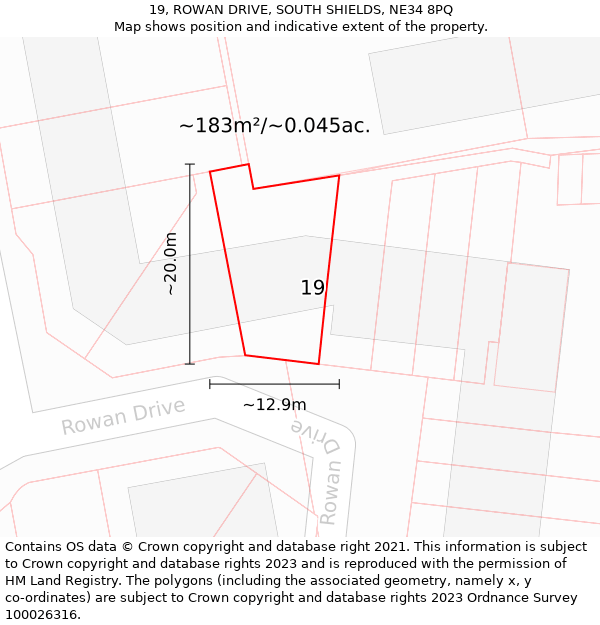 19, ROWAN DRIVE, SOUTH SHIELDS, NE34 8PQ: Plot and title map