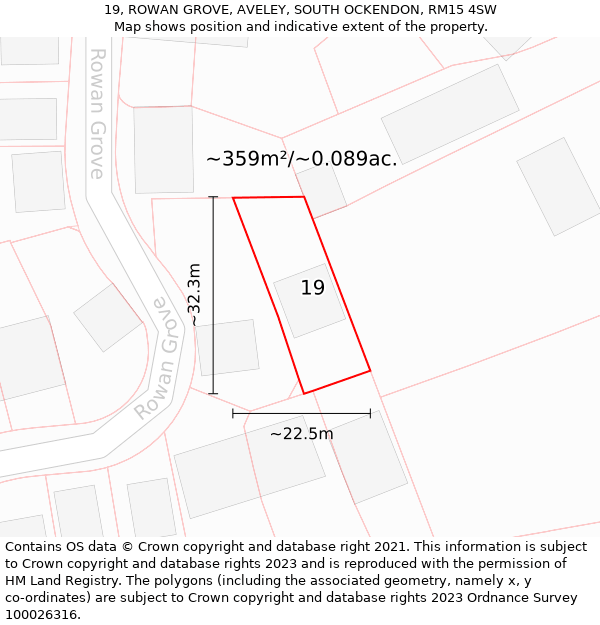 19, ROWAN GROVE, AVELEY, SOUTH OCKENDON, RM15 4SW: Plot and title map