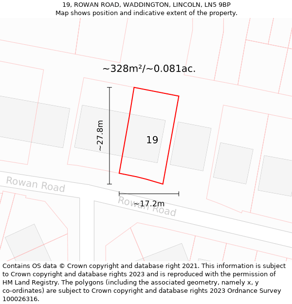 19, ROWAN ROAD, WADDINGTON, LINCOLN, LN5 9BP: Plot and title map