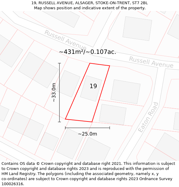 19, RUSSELL AVENUE, ALSAGER, STOKE-ON-TRENT, ST7 2BL: Plot and title map