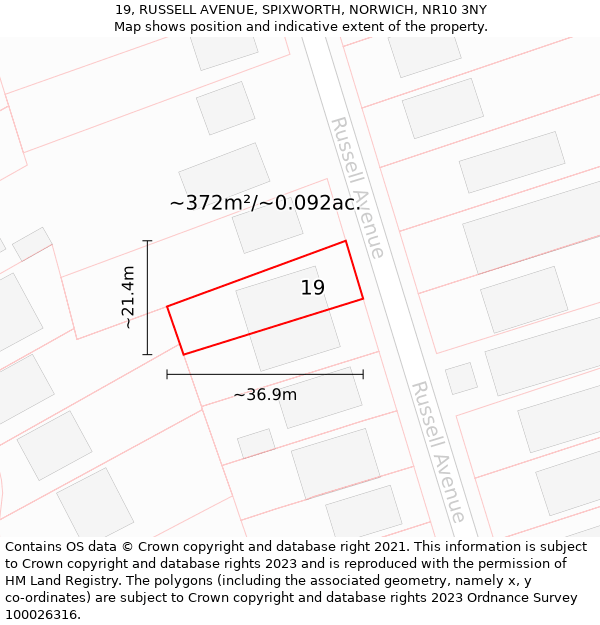 19, RUSSELL AVENUE, SPIXWORTH, NORWICH, NR10 3NY: Plot and title map