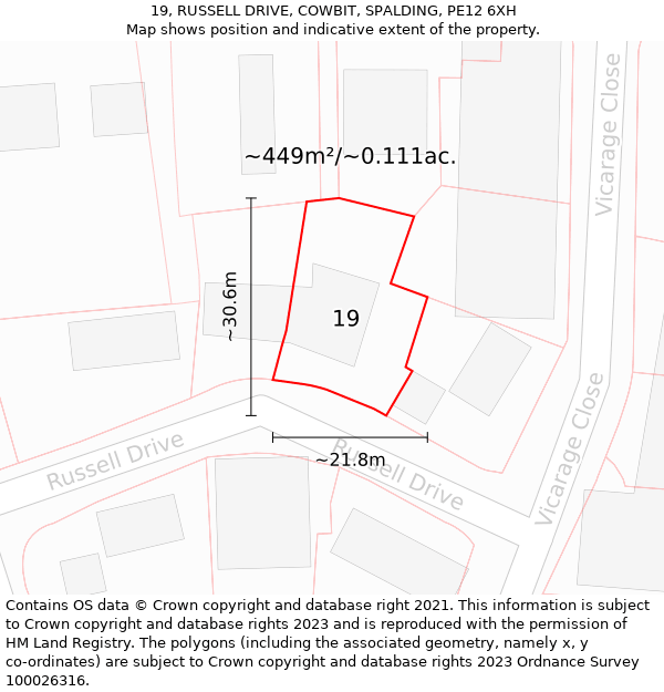 19, RUSSELL DRIVE, COWBIT, SPALDING, PE12 6XH: Plot and title map