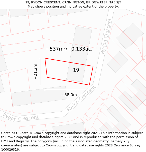 19, RYDON CRESCENT, CANNINGTON, BRIDGWATER, TA5 2JT: Plot and title map