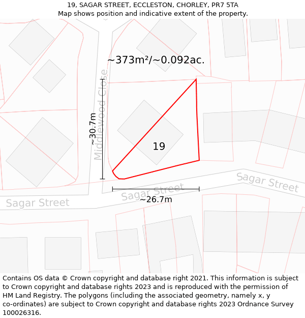 19, SAGAR STREET, ECCLESTON, CHORLEY, PR7 5TA: Plot and title map