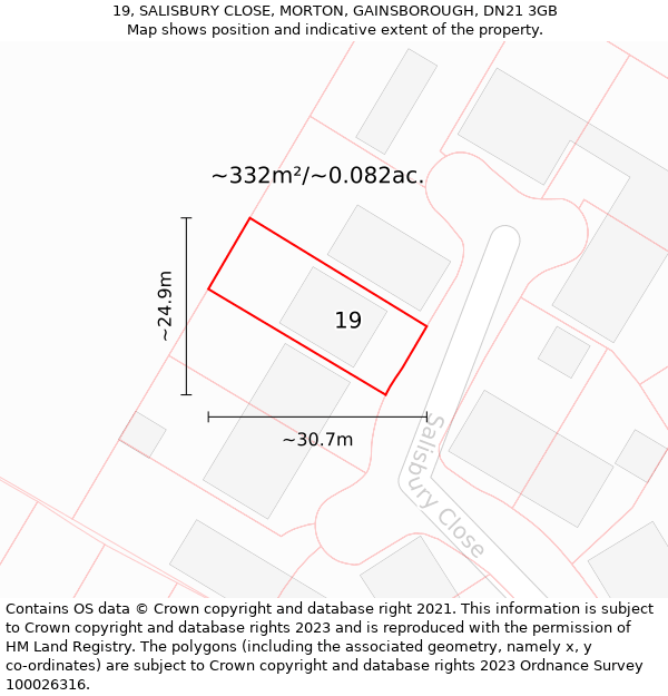 19, SALISBURY CLOSE, MORTON, GAINSBOROUGH, DN21 3GB: Plot and title map