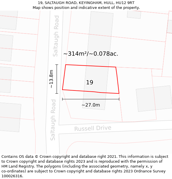 19, SALTAUGH ROAD, KEYINGHAM, HULL, HU12 9RT: Plot and title map