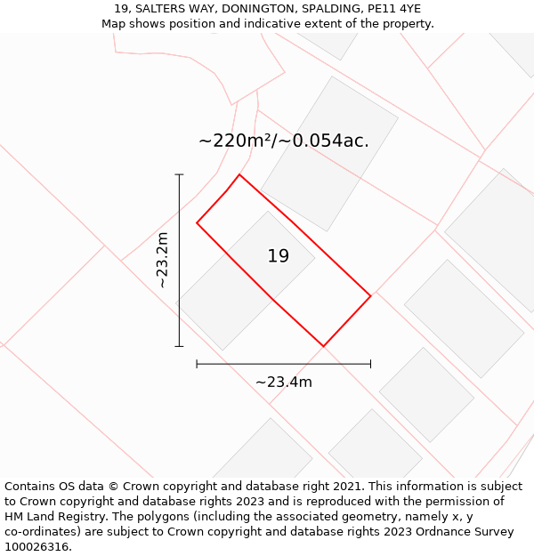 19, SALTERS WAY, DONINGTON, SPALDING, PE11 4YE: Plot and title map