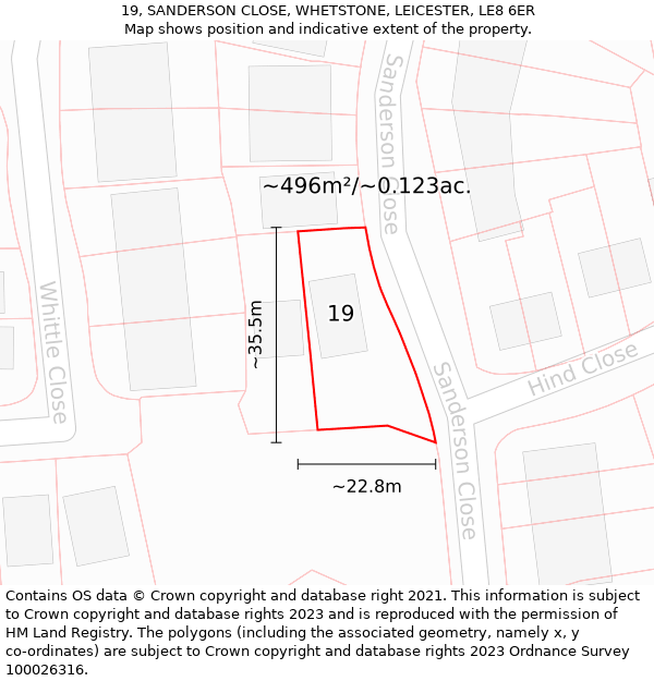 19, SANDERSON CLOSE, WHETSTONE, LEICESTER, LE8 6ER: Plot and title map