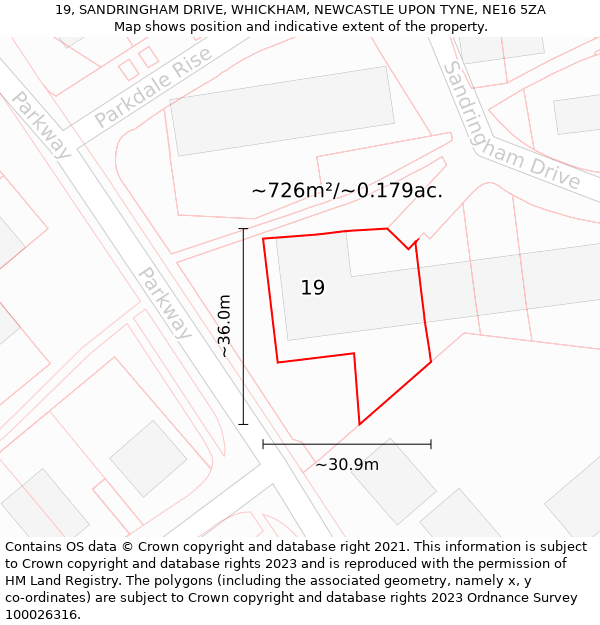 19, SANDRINGHAM DRIVE, WHICKHAM, NEWCASTLE UPON TYNE, NE16 5ZA: Plot and title map