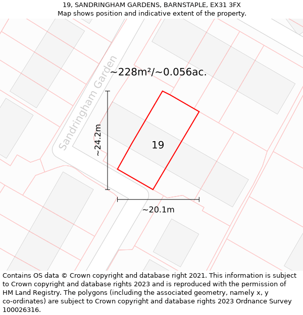 19, SANDRINGHAM GARDENS, BARNSTAPLE, EX31 3FX: Plot and title map