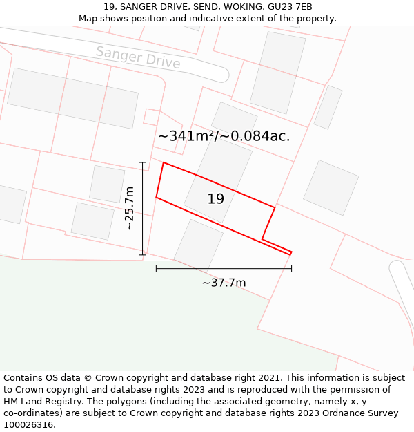 19, SANGER DRIVE, SEND, WOKING, GU23 7EB: Plot and title map